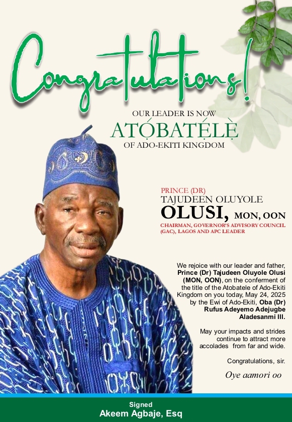 Atobatele of Ado Ekiti: Barr Agbaje Congratulates Prince Tajudeen Olusi on Chieftaincy Conferment