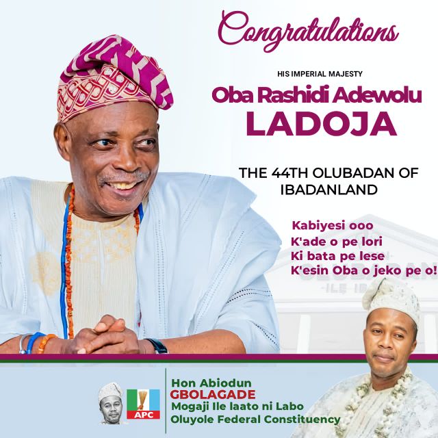 44TH OLUBADAN: Mogaji Abiodun Gbolagade Congratulates Oba Rashidi Adewolu Ladoja as Coronation Holds Today
